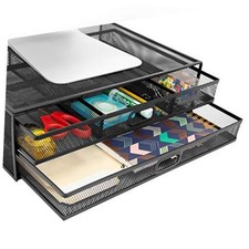 Computer Monitor Stand With Drawers, Metal Mesh Riser and Organizer for Black