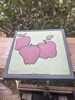 Handmade Art Pottery Apple Tile Trivet Framed Kitchen