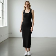 American Eagle Women Black Ribbed Stretchy Midi Tank Dress Size M 