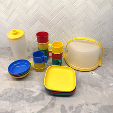 Vintage Tupperware Toys Lot Mini Cake Takre Plate Pitcher Cups Bowl Play Kitchen
