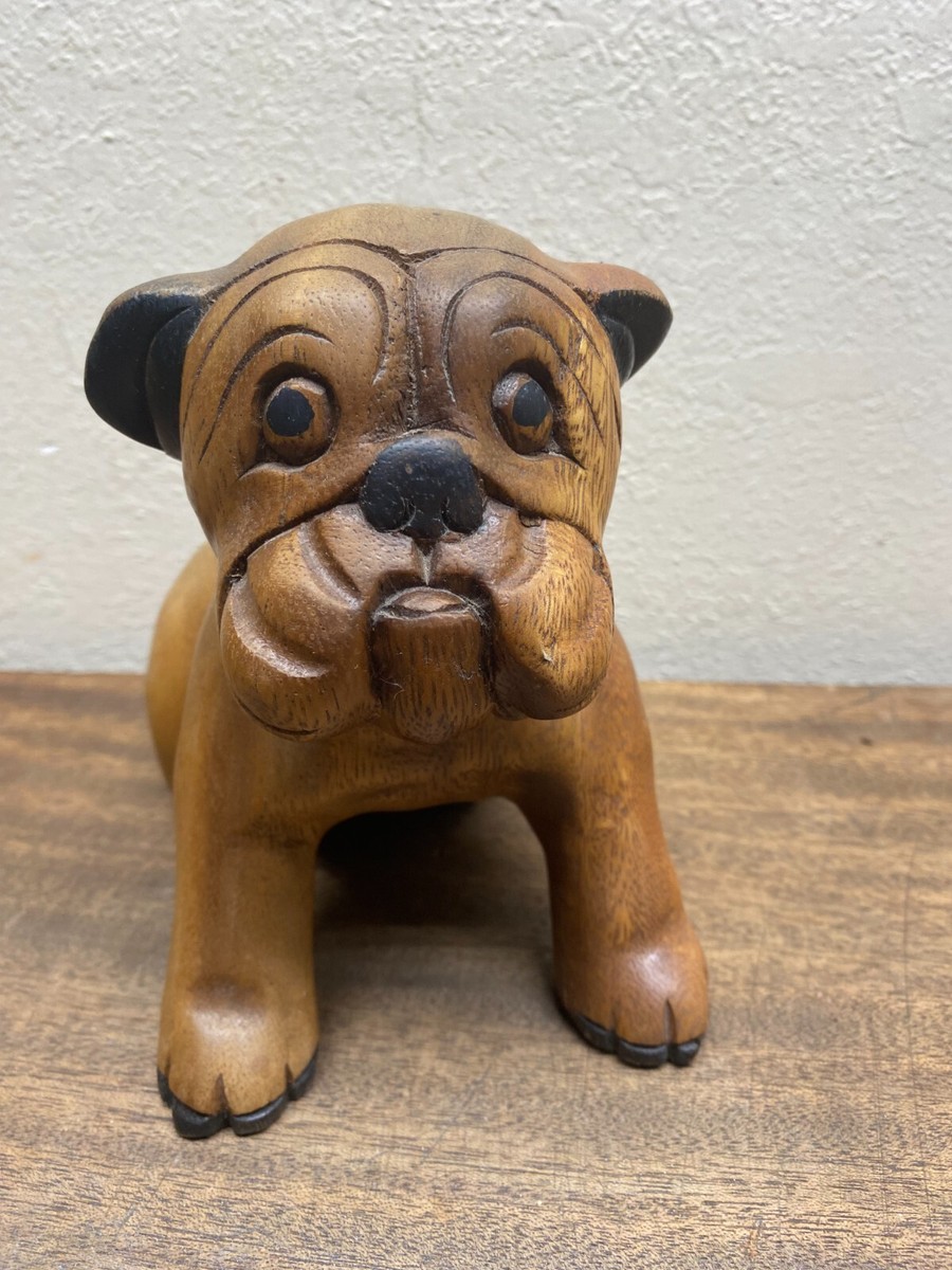 Vintage Hand Made Carved Wooden Bulldog Folk Art Dog Thailand 6-3
