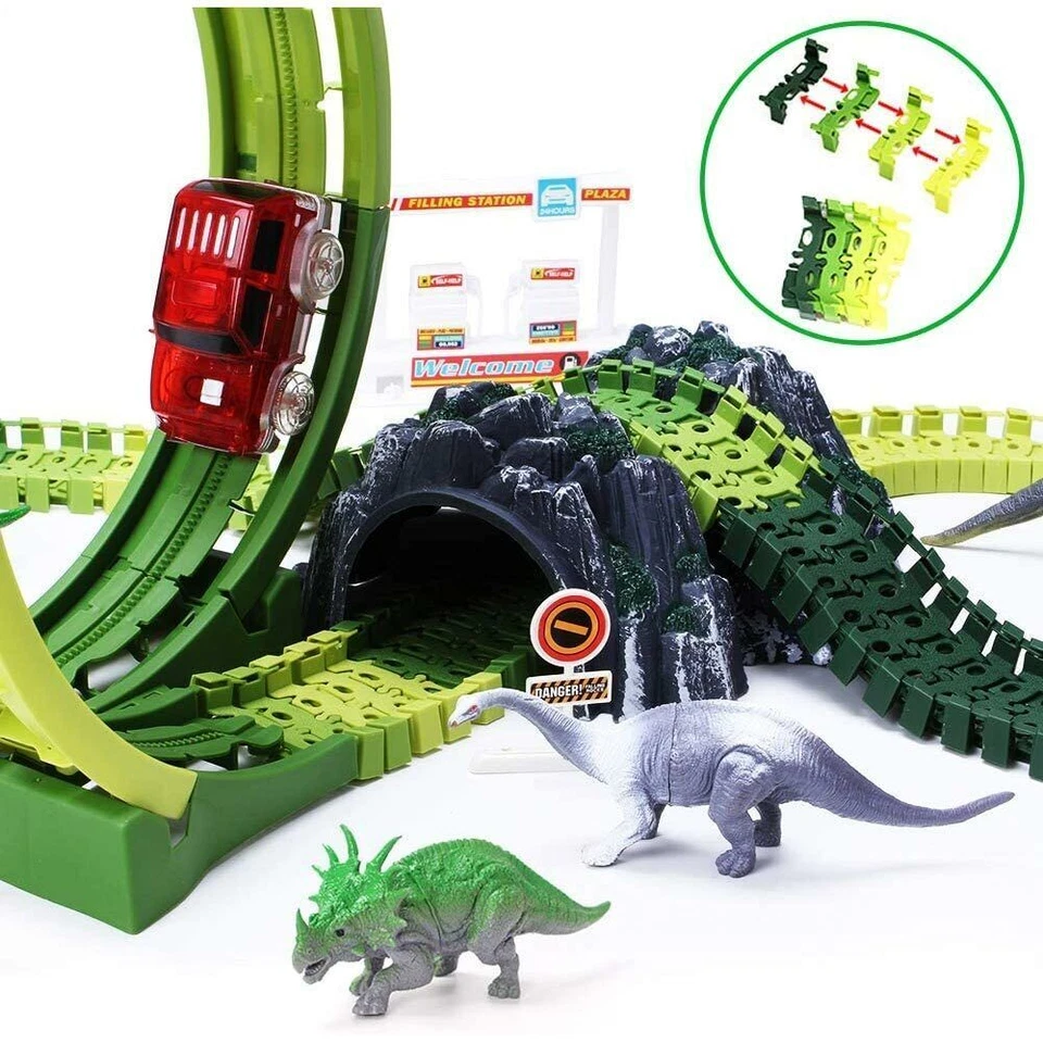 Pista Macchinine Flessibile Parco Dinosauri Costruzione 173pz con Macchinina - Immagine 3 di 4