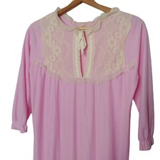 Vintage Nightgown Medium Long Pink Acetate White Lace Ribbon Tie Grannycore