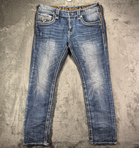 Rock Revival Jeans Men 36x32 Blue Priam Straight Thick Stitch Flap Pockets Faded - Picture 2 of 15