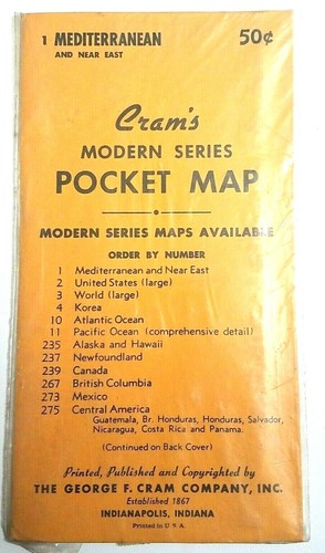 NOS Sealed Vintage 1950's Cram's Modern Series Pocket Map Mediterranean No 1