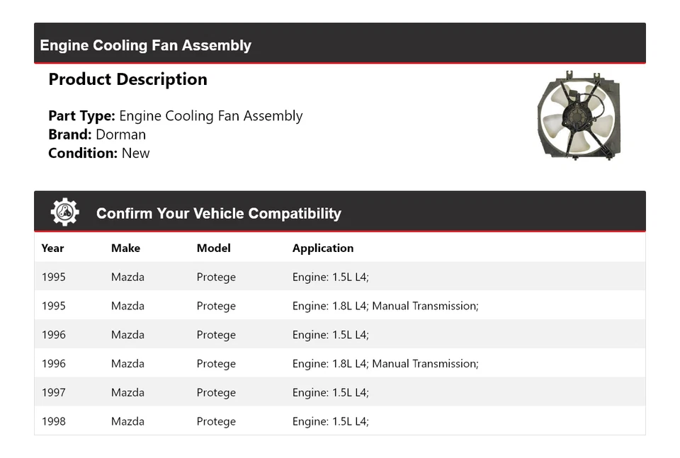 Вентилятор охлаждения двигателя в сборе 1996 1997 для Mazda Protege Dorman 1995-1998 годов выпуска - Изображение 2 из 4