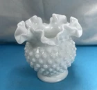 Vintage Fenton Mini Hobnail Round Vase Milk Glass Ruffled Rim Farmhouse Style