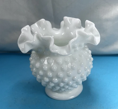 Vintage Fenton Mini Hobnail Round Vase Milk Glass Ruffled Rim Farmhouse Style