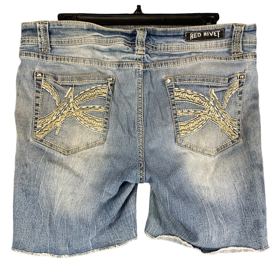 Pantalones Cortos de Jean Red Remache Junior Talla 17 Envejecido Adornado Bling Punto Grueso Foto 2 de 4