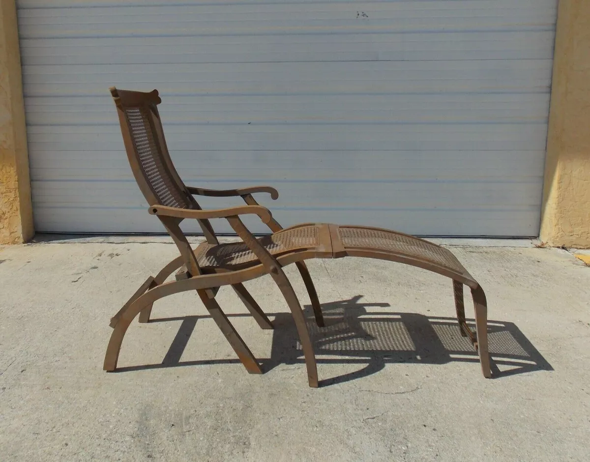 1900 s FOLDING LOUNGE SHIP BOAT DECK WOODEN CHAIR CANED ANTIQUE