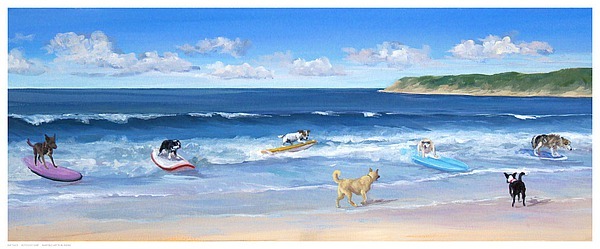 Hot Dogs Surf by Carol Saxe Art Print Dog Beach Ocean Puppy