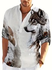 Stylish Men Button Up Brown Wolf pattern Shirt Henley Fashion Casual Shirt