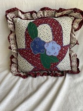Vintage Handmade Country CabinThrow Pillow Quilt Maroon Basket With Blue Flowers