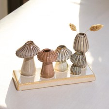 Mushroom Multi Bud Vase Speckled Ceramic Glazed Pottery Flower Stem Pot Ornament