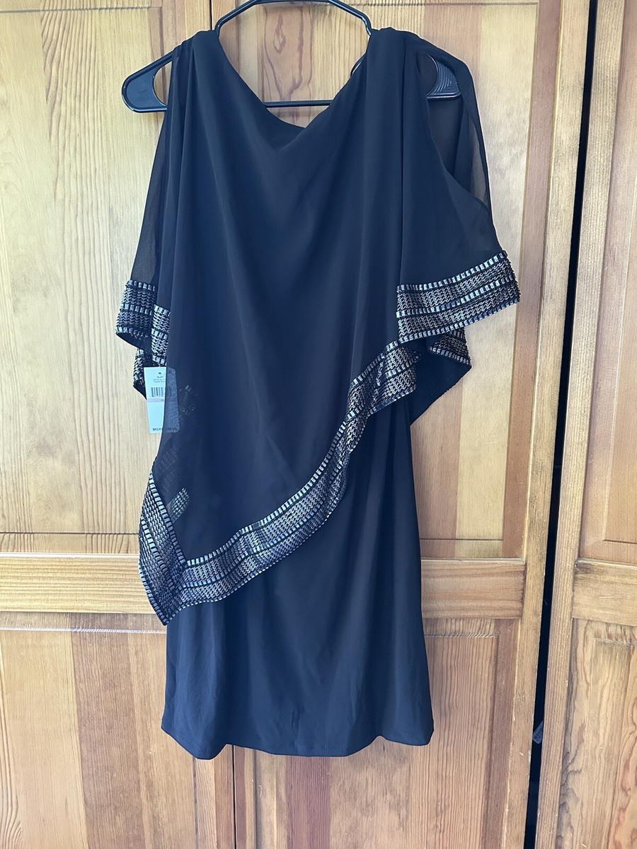 SL FASHIONS Metallic-Trim Capelet Sheath Dress Color Black/Silver Sz 10