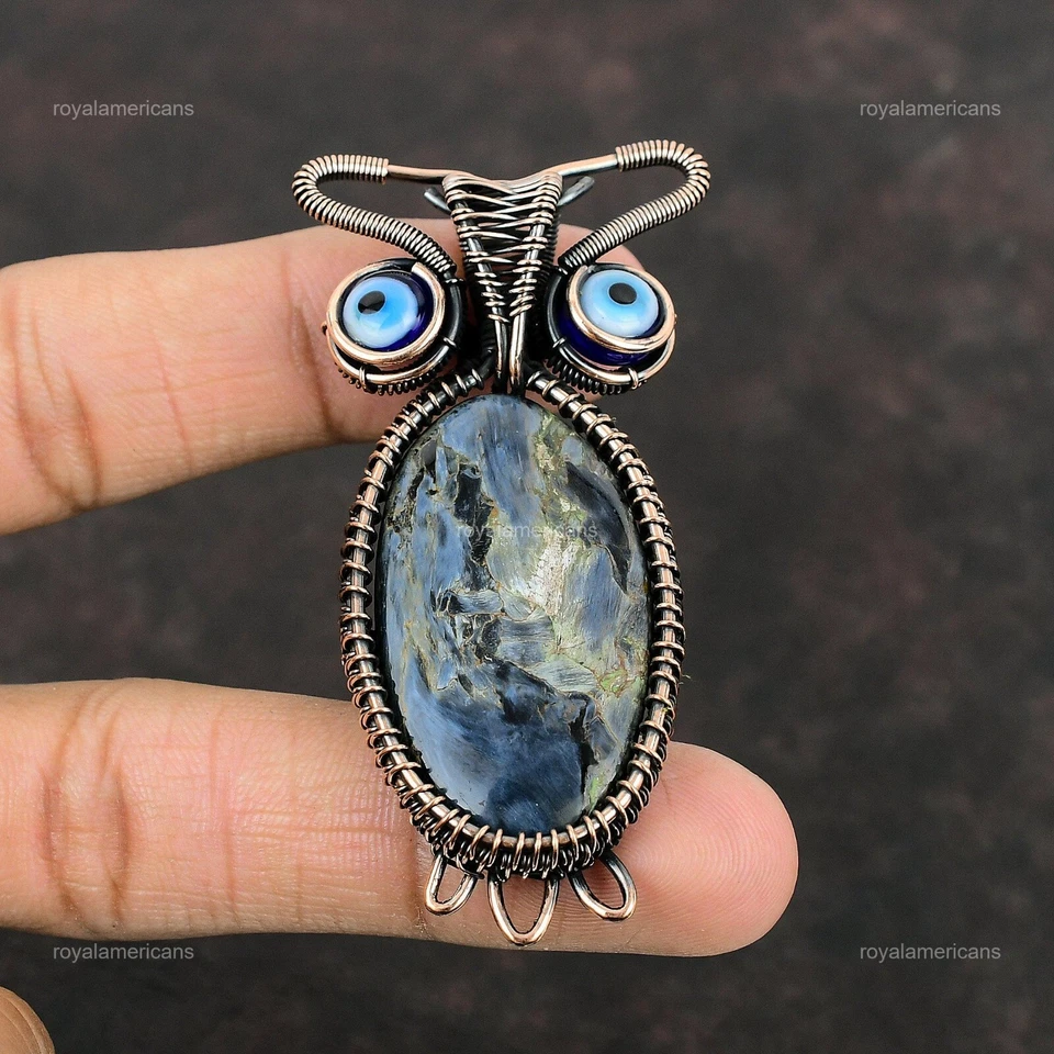Oval Natural Pietersite Blue Color Evil Eye Copper Owl And Wire Wrapped Pendant - Image 4 of 4