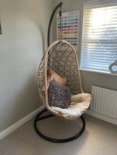 Freestanding Hanging Egg Chair w/ Metal Stand & Cushion, Beige/Black Indoor