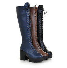 Womens Lace Up Knee High Combat Boots Block Mid Heel Platform Knight Shoes New