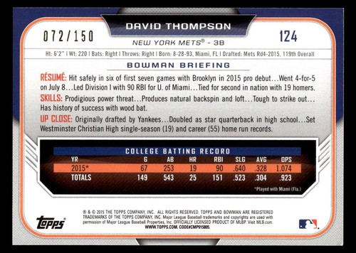 2015 Bowman Draft bleu #124 David Thompson New York Mets #/150 - Photo 2/2