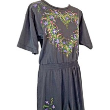 One Piece Jumpsuit Woman Sz M Black Knit Hand Painted Heart Floral Vintage 80s
