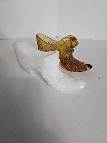 2 Fenton Vintage Glass Shoes, Amber Cat Face And White Geometric