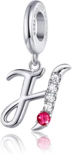 Initial A-Z Letter Charm 925 Sterling Silver Dangle Beads Charm Red Zircon Alpha