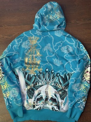 VTG Ed Hardy Christian Audigier Mens L Full Zip Hoodie Green Skull