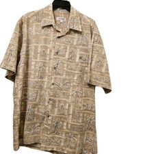 VINTAGE Pierre Cardin Hawaiian Shirt Beige Palm S. Sleeve Men s Large Cotton