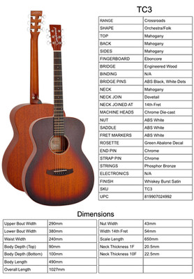 Gitarre von Tanglewood Folk Größe Acoustic Crossroads Serie TC3 Sunburst Oberfläche.