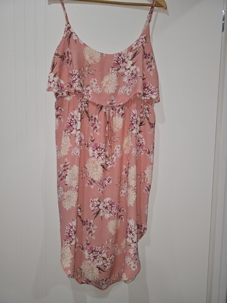 Just Jeans Pink Floral Slip Midi Dress 16 Scoop Neck Strappy Ruffle Twill