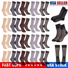 5 Pairs Mens Ultra Thin Striped Dress Socks Silk Sheer Business Work Socks Soft