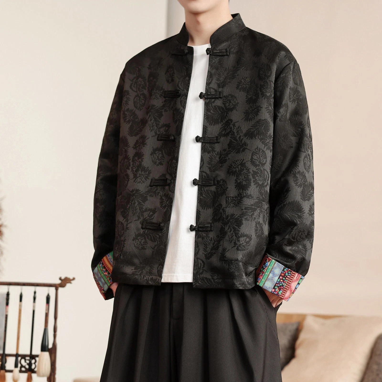 Mens Chinese Style Stand Collar Shirt Long Sleeve Coat Jacquard Tang Suit Button
