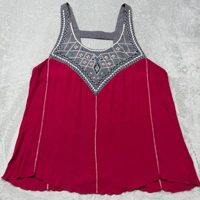 2010s Berry Pink Rayon Maurices Boho Embroidered Bib Tank Top Cool Summer Light