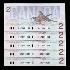 1986 Canada $2 Dollars Consecutive Banknotes Paper Money Prefix EGT UNC Lot Of 5