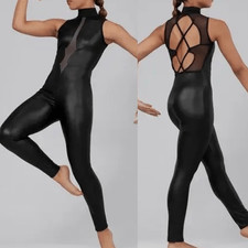 WEISSMAN Elite Dance Costume unitard mature faux leather black Debut 15882 MC