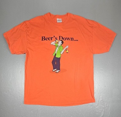 Funny Drinking T-Shirt Mens XL ''Beer's Down, Beer's Up'' Vintage Orange Humor Tee