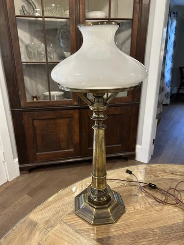 Vintage Ethan Allen Brass and White Milk Glass  Hurricane Lamp