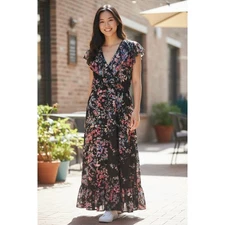 Apt 9 Maxi Faux Wrap Dress Black Floral Fairy Whimsigoth Romantic 3x