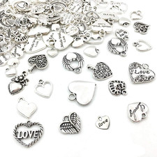 100 Pcs Mix Antique Silver Heart Beads Charms for Jewelry Making Valentine'S Day
