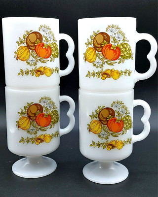 Vintage 4-Milk Glass Pedestal Mugs-Spice of Life Mushrooms/Tomatoes/Onions/Herbs