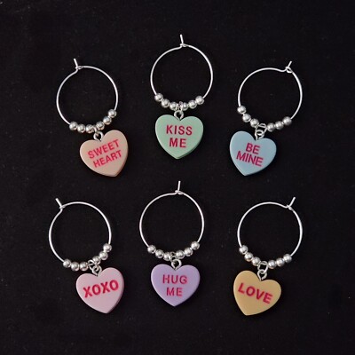 Set Of 6 Handcrafted Pastel Valentine Conversation Heart Wine Charms Pink Blue +
