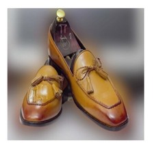Handmade Men's Tan Genuine Leather Stylish Loafer Tasseled Shoes, Sale !!!
