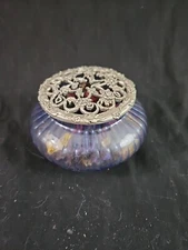 Vintage Rawcliffe Pewter Lid. Rose's Potpourri Bowl Blue Glass Trinket Jar 1989