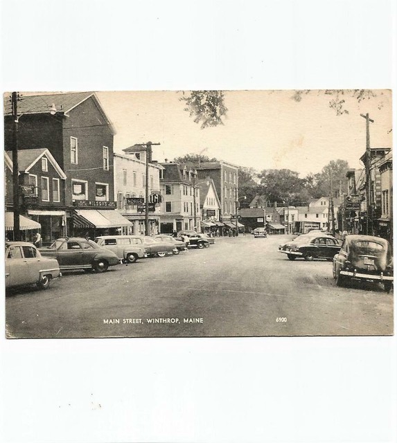 Vintage Postcard View of Main Street Winthrop Maine IGA Rexall Drug