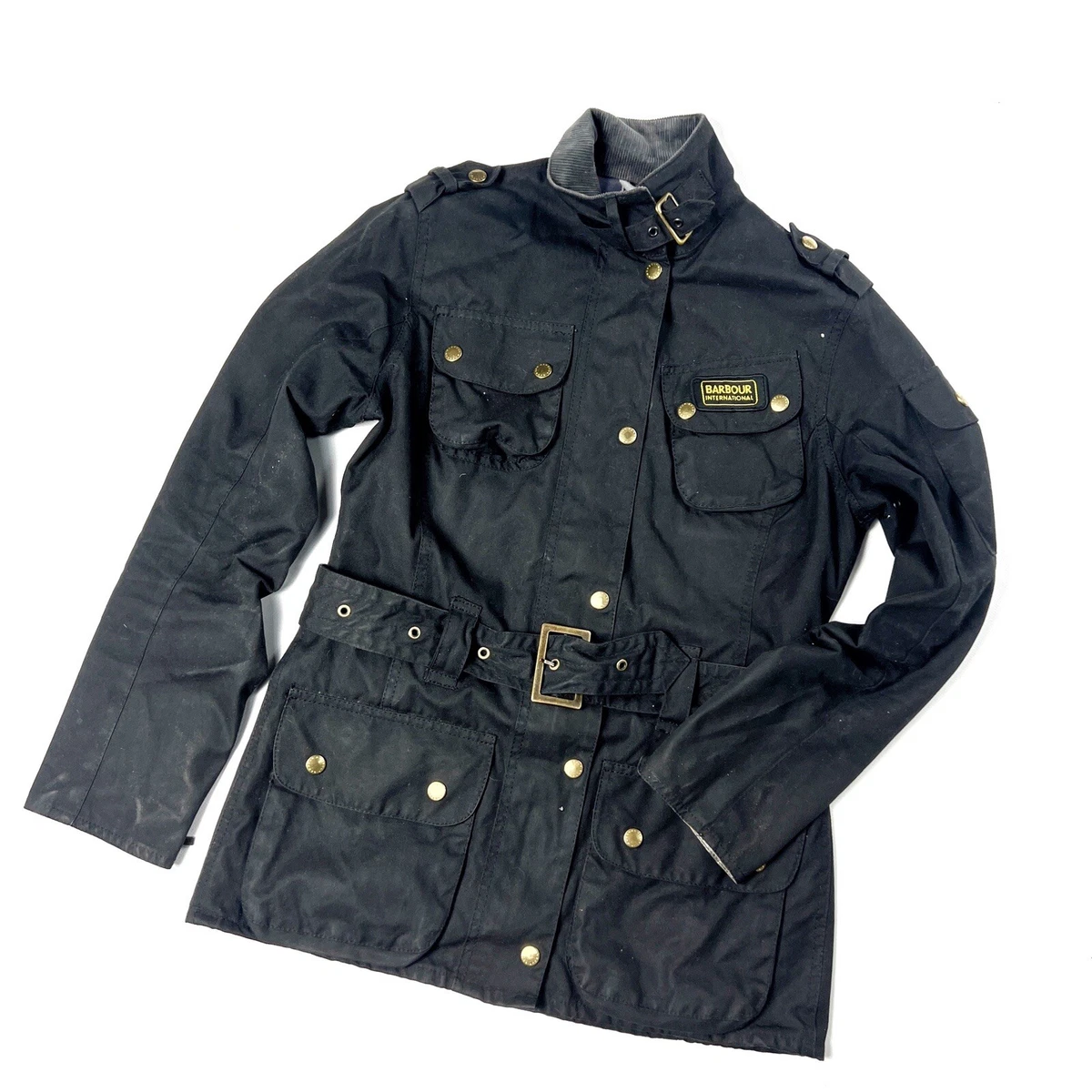 Women's Barbour International Waxed Black Belted Jacket Wax Coat Size uk 8  us 4 | eBay