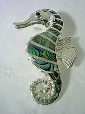 SEAHORSE PENDANT WITH ABALONE  BLACK ONYX EYE SET IN STERLING SILVER WITH CHAIN