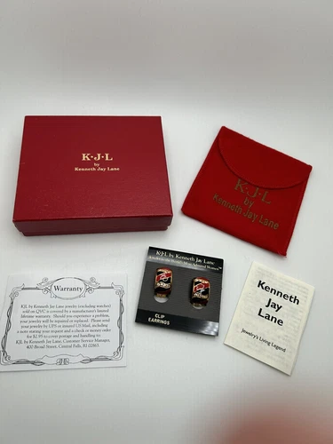 Kenneth Jay Lane Earrings Wild Cat Resin Hoop Costume Jewelry COA Bag Vintage