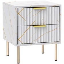Bedside Table with Marble Pattern and 2 Drawer Fluted Detail on Legs GOLD WHITE