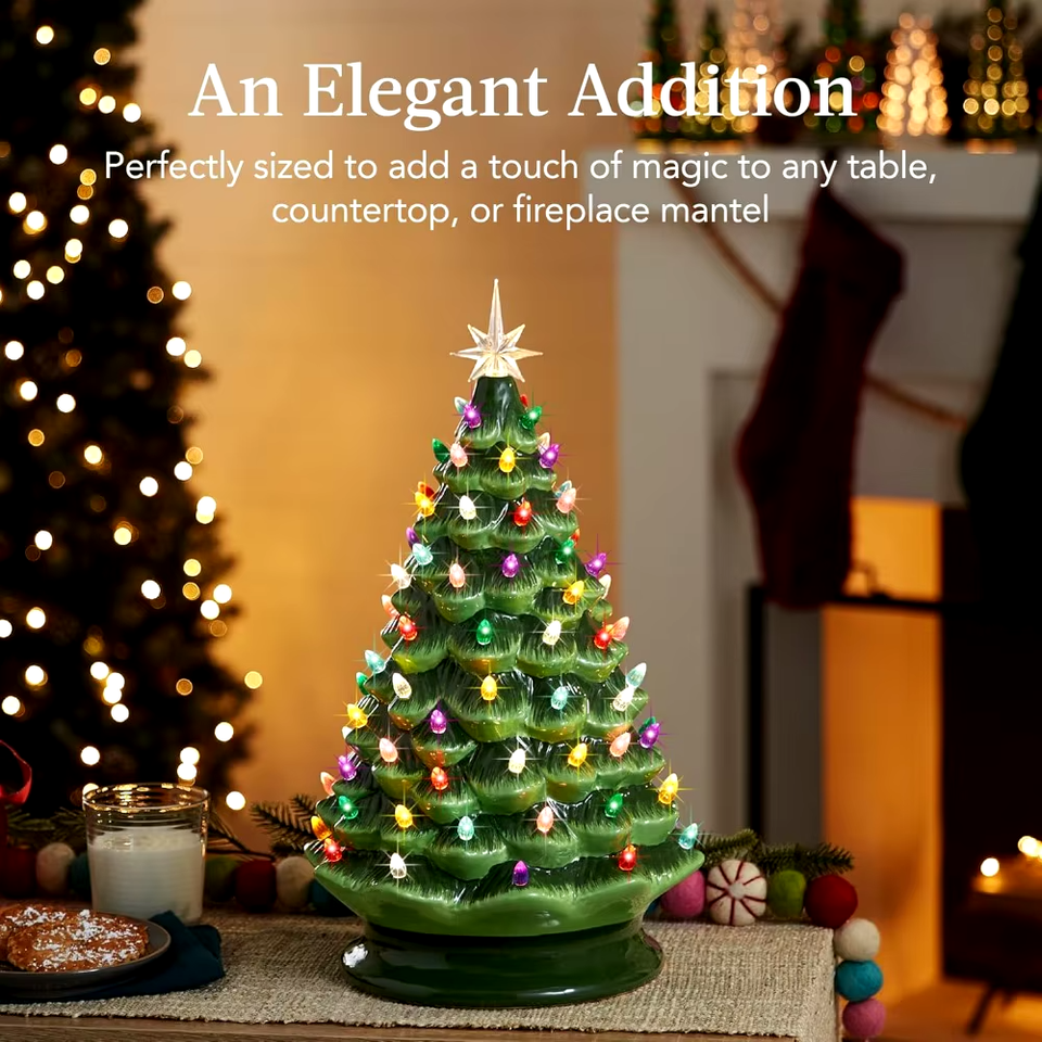 18in Large Ceramic Christmas Tree, Prelit HandPainted Tabletop