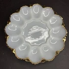 VTG Oyster Plate Egg Serving Dish Gold Trim White Milk Glass Easter Pic Nic